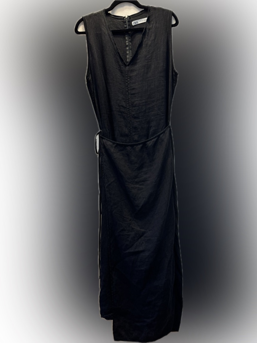 Zara black 100% linen V neck wrap midi dress L
